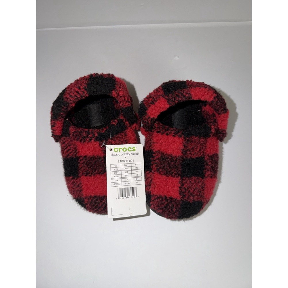 Crocs Kids 13 Classic Cozzzy Slipper Black Red Plaid Fuzzy Slip-On Checkered NWT